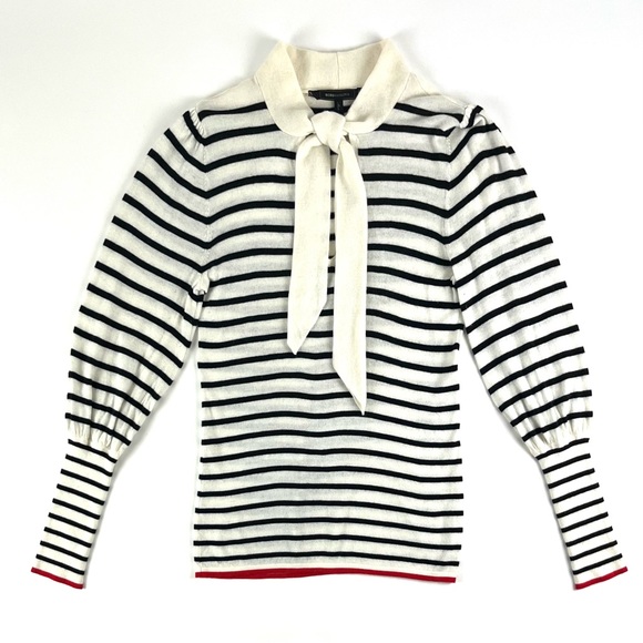 BCBGMAXAZRIA Cinch Sleeve Stripe Tie-Neck Pullover Sweater - Picture 5 of 11